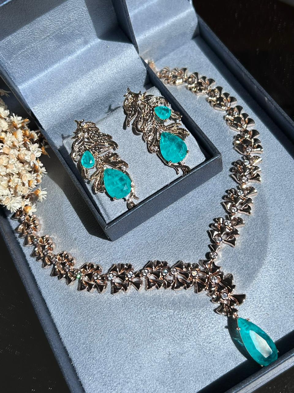 Conjunto Brinco e Colar Flower Turmalina