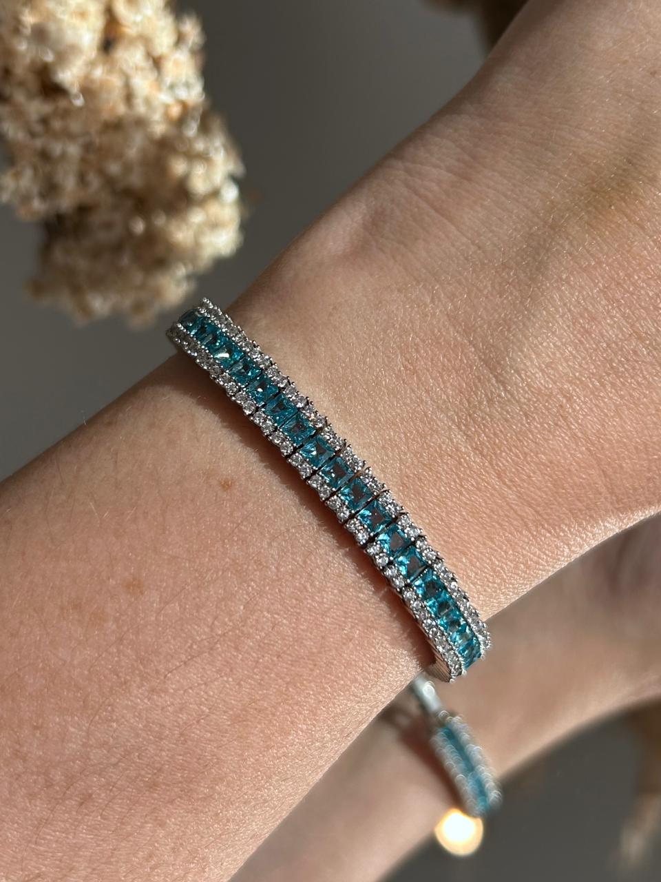 Pulseira Riviera Três Fileiras Baguetada Água Marinha/Azul