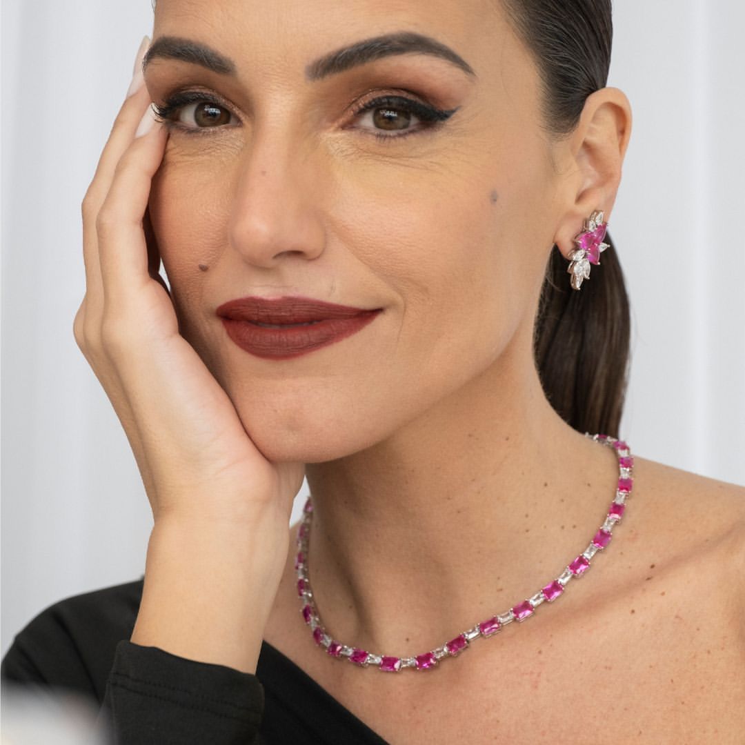 Colar Riviera Pedras Retangular Safira Rosa/Pink