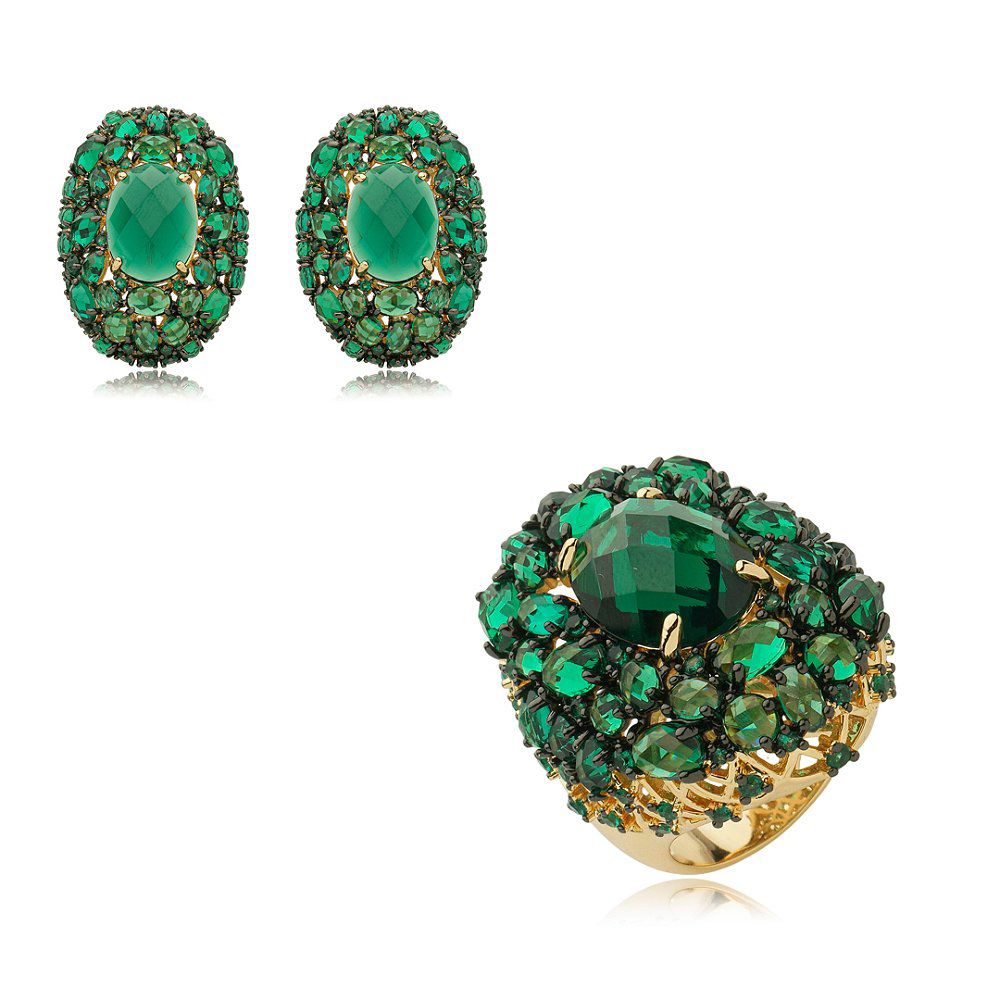 Conjunto Brinco e Anel Oval Maxi Verde Esmeralda