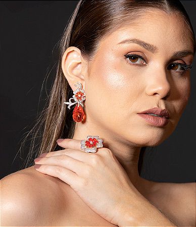 Conjunto Brinco e Anel Flor Tangerina