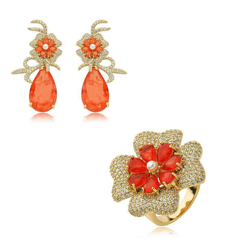 Conjunto Brinco e Anel Flor Tangerina