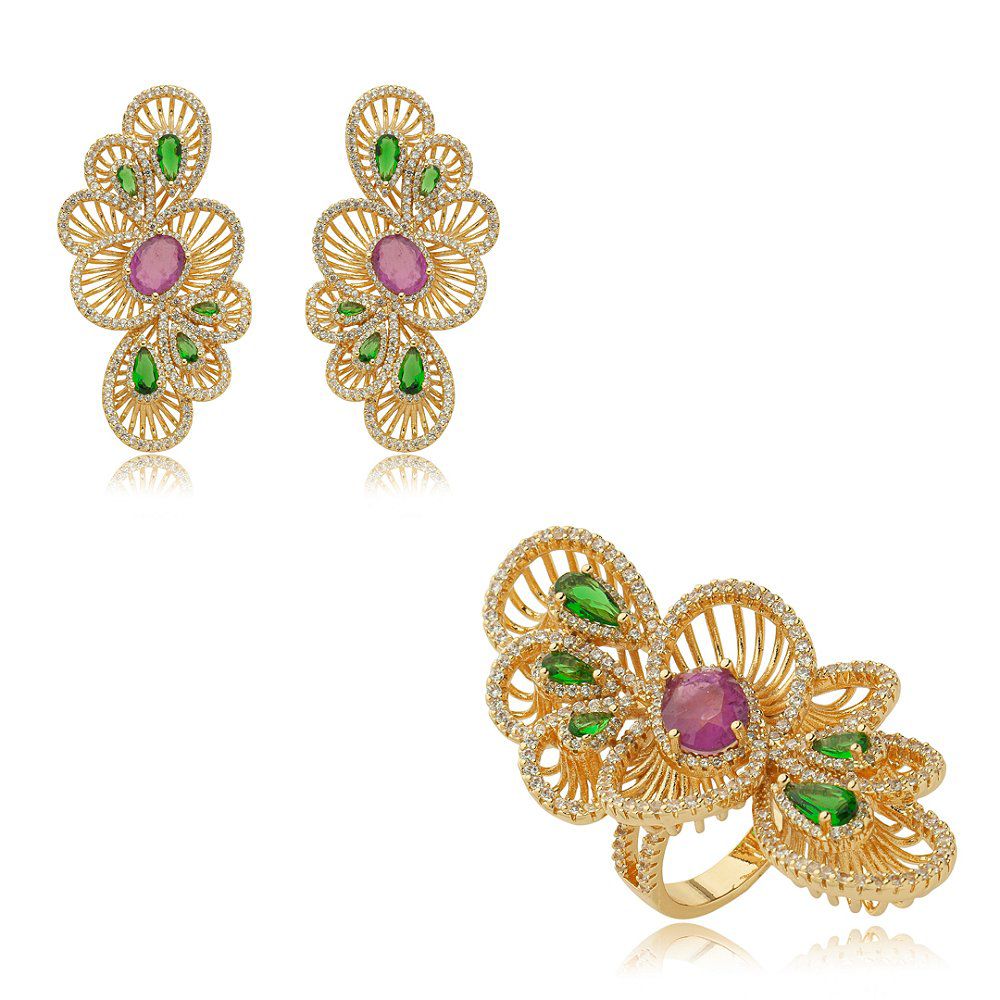 Conjunto Brinco e Anel Camadas Fucsia com Verde Emeralda