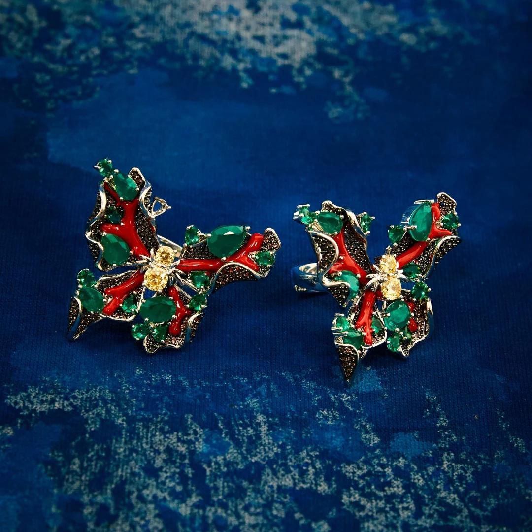 Conjunto Brinco e Anel Borboleta Verde Esmeralda