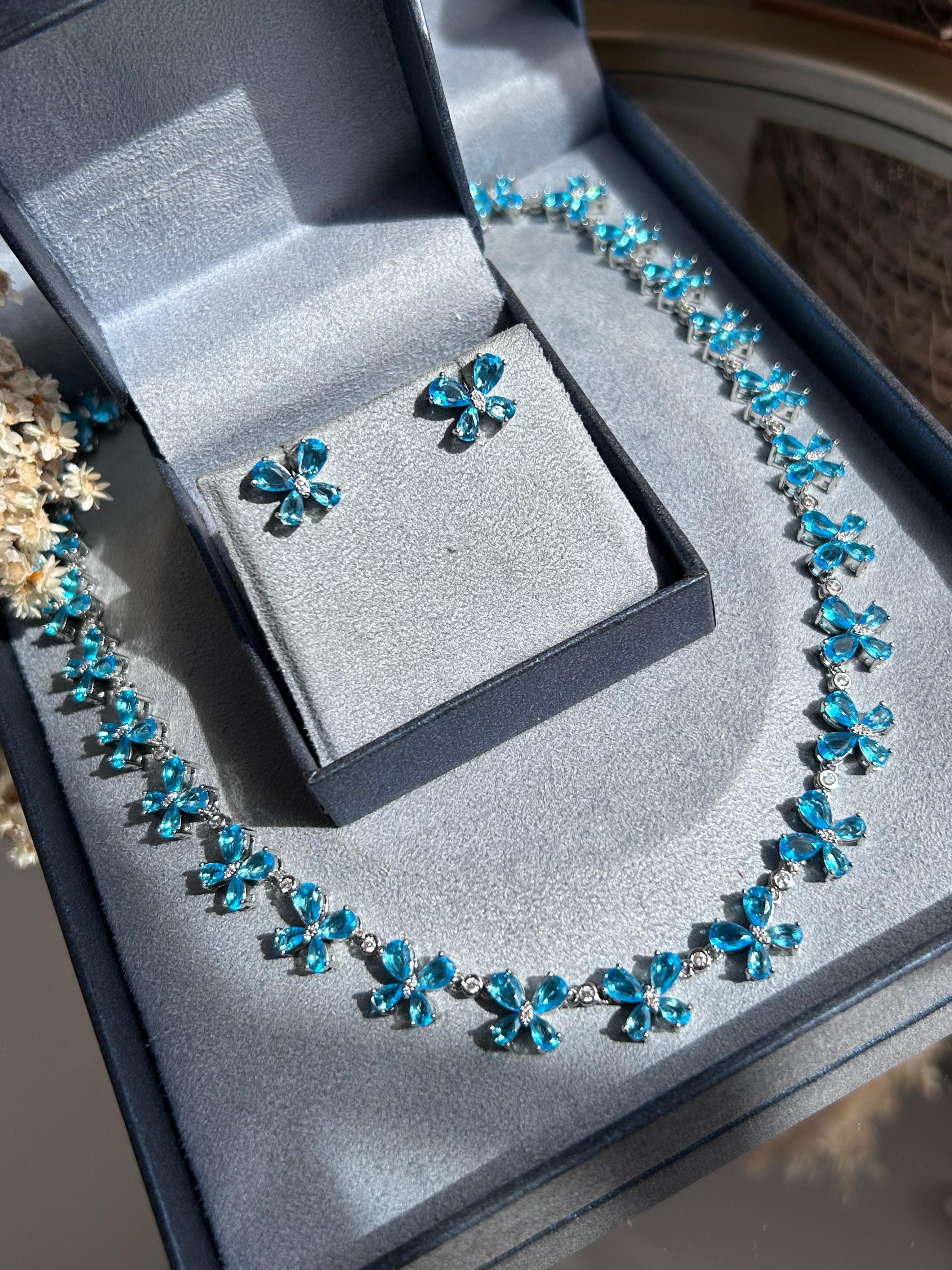 Conjunto Brinco e Colar Butterfly Àgua Marinha/Azul