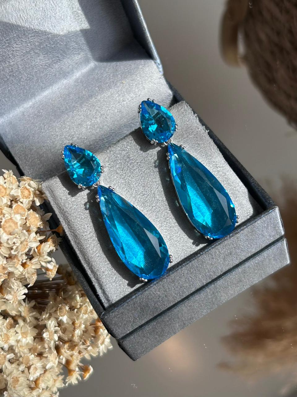 Brinco Duas Gotas Água Marinha/Azul