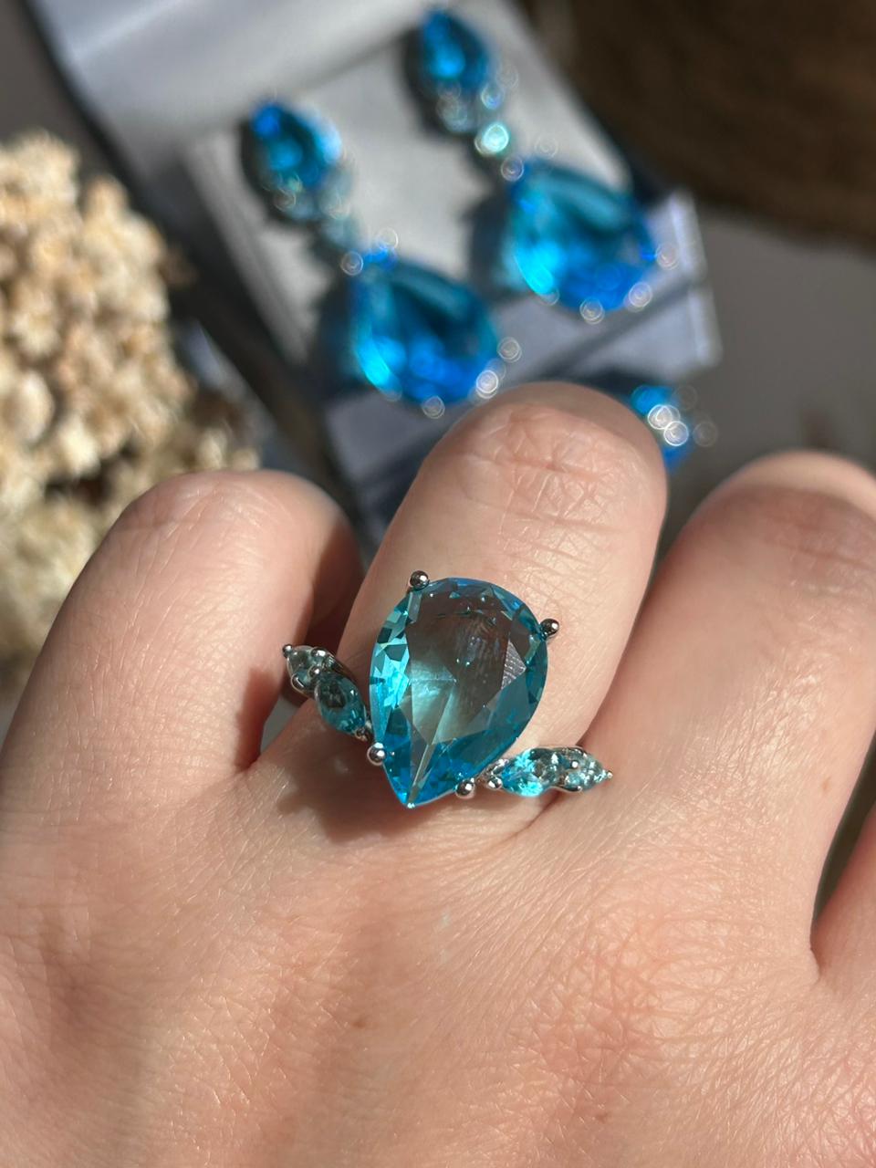 Anel Maxi Gota com Detalhes Água Marinha/Azul