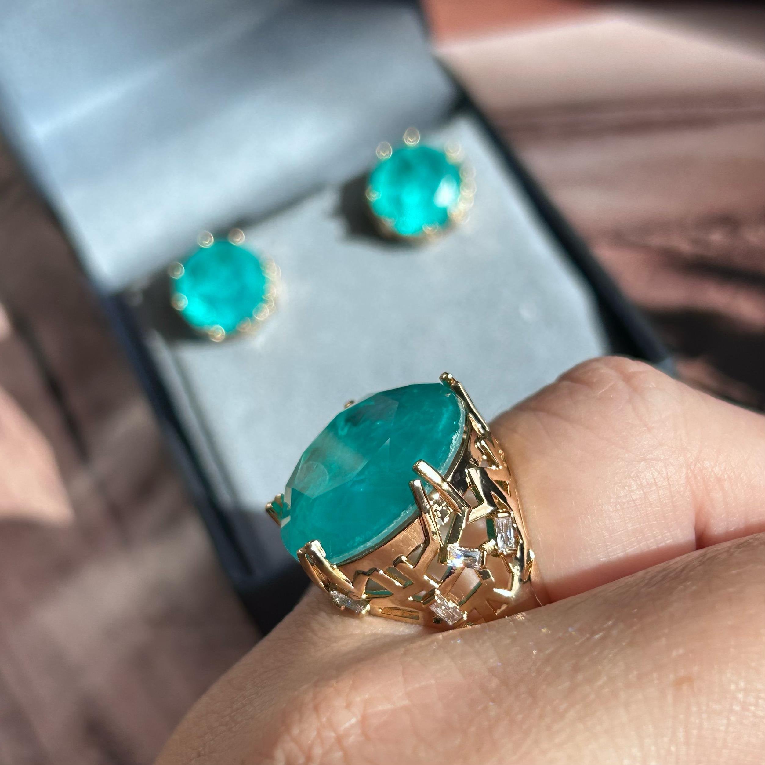 Conjunto Brinco Solitário e Anel Turmalina Azul