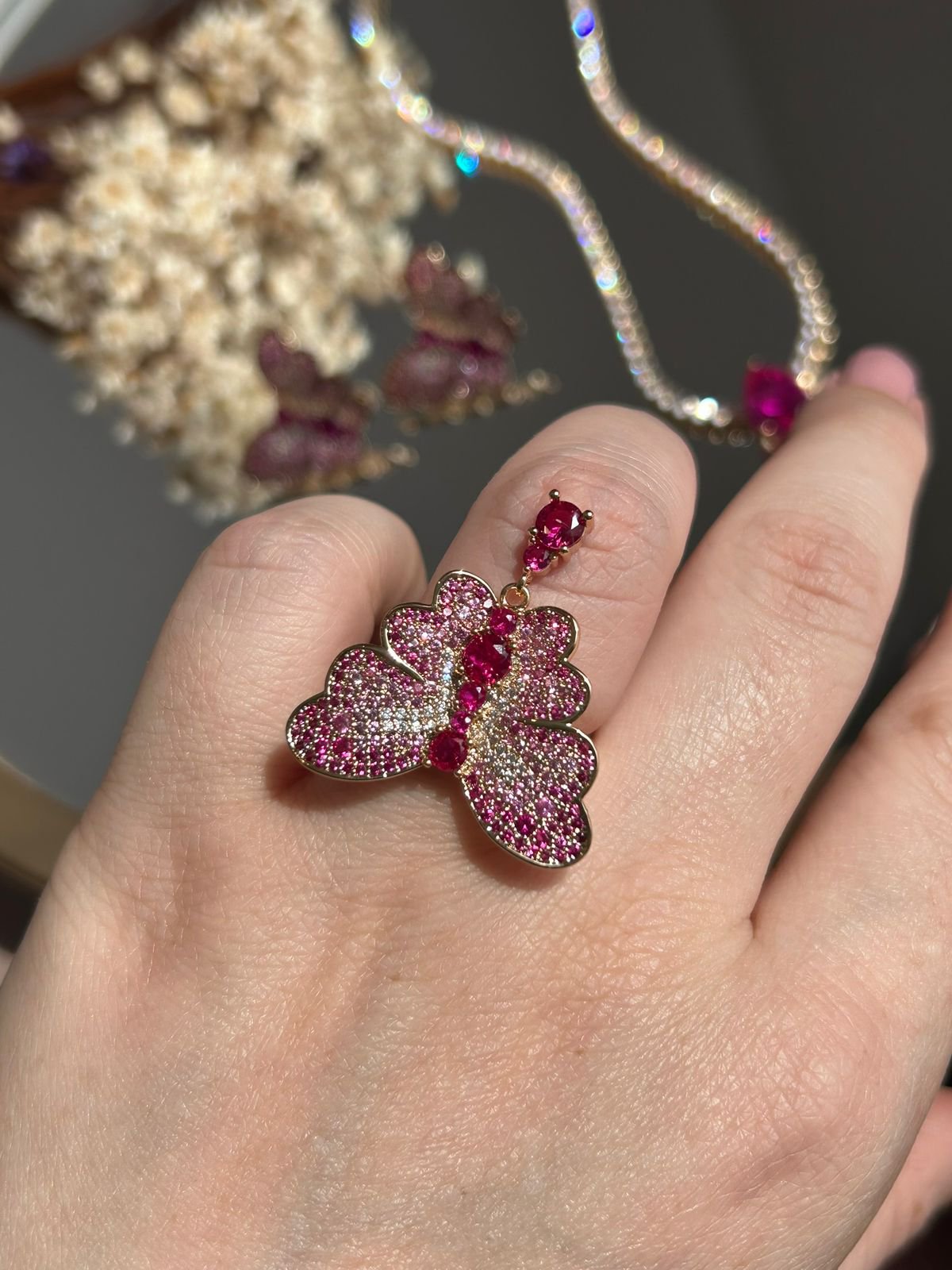 Conjunto Brinco e Anel Borboleta Safira Rosa/Pink