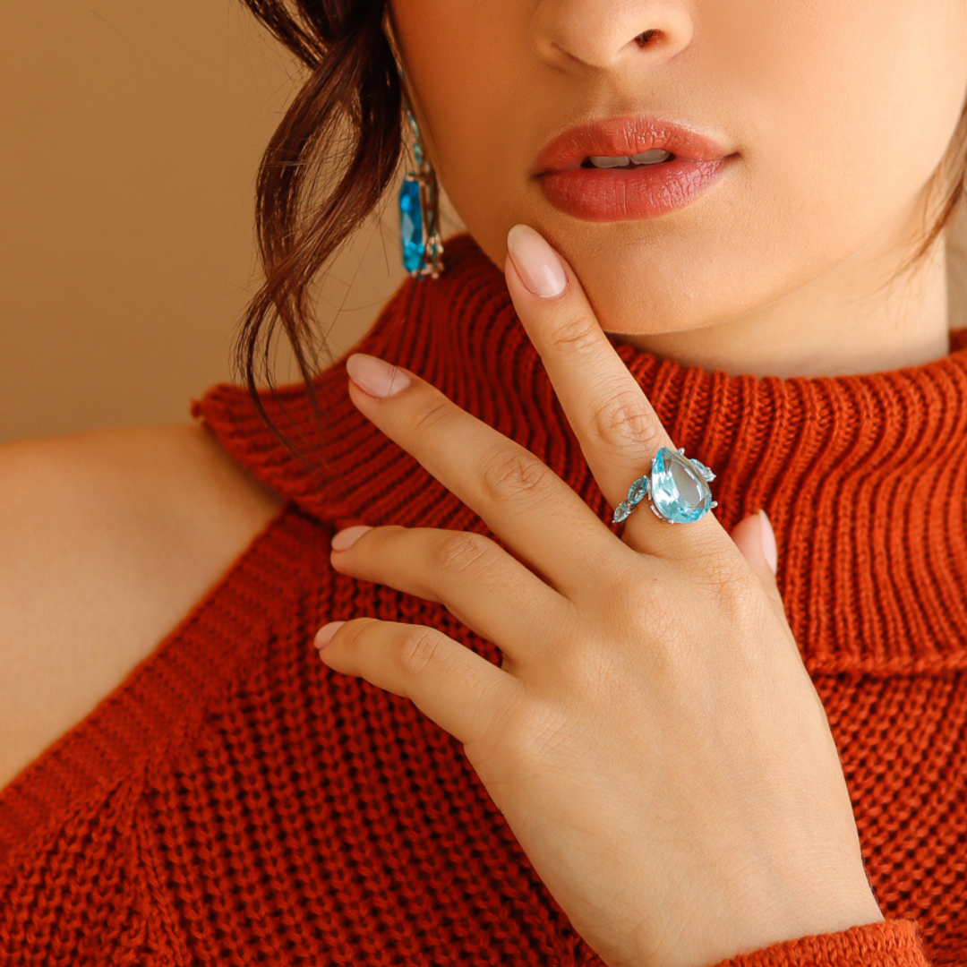 Anel Maxi Gota com Detalhes Água Marinha/Azul
