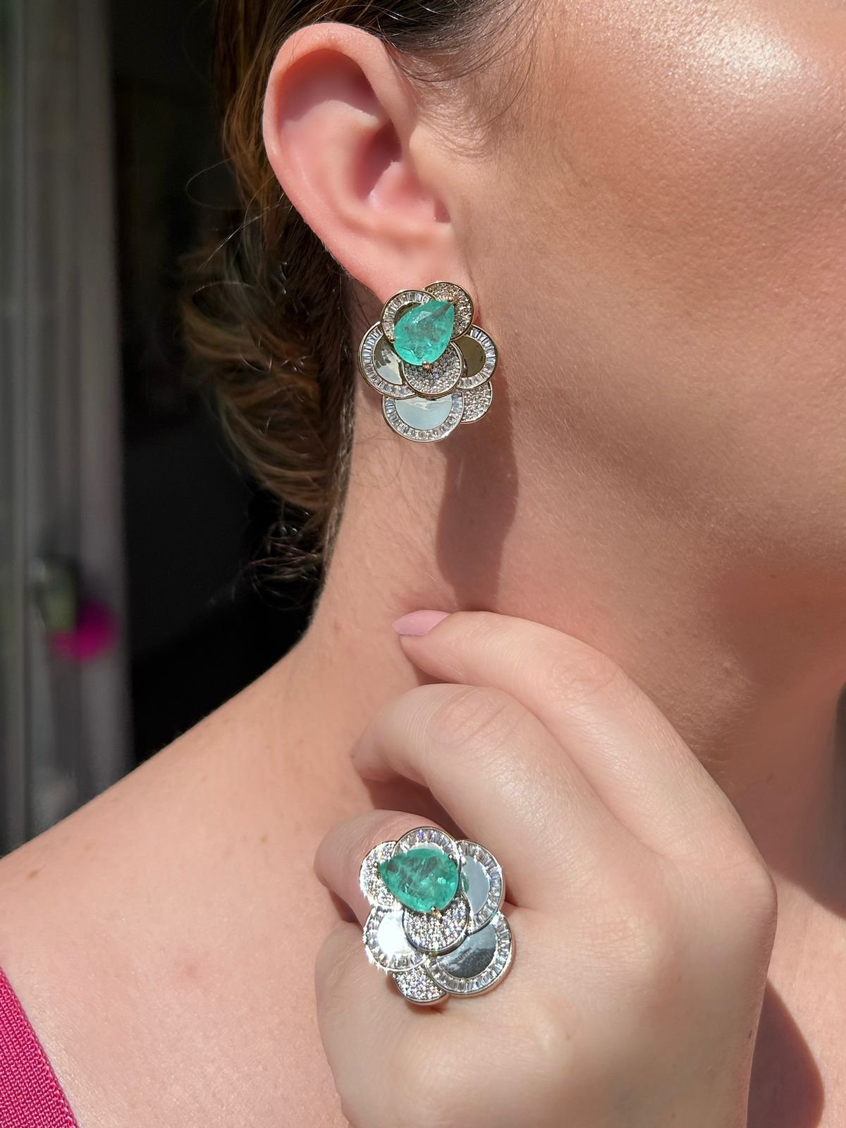 Conjunto de Brinco e Anel Camadas Pedra Turmalina