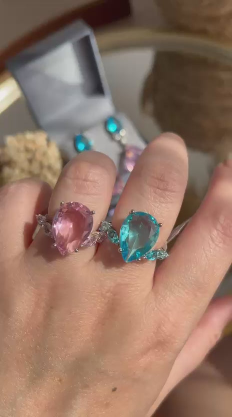 Brinco Duas Gotas Detalhada Água Marinha/Azul e Rosa