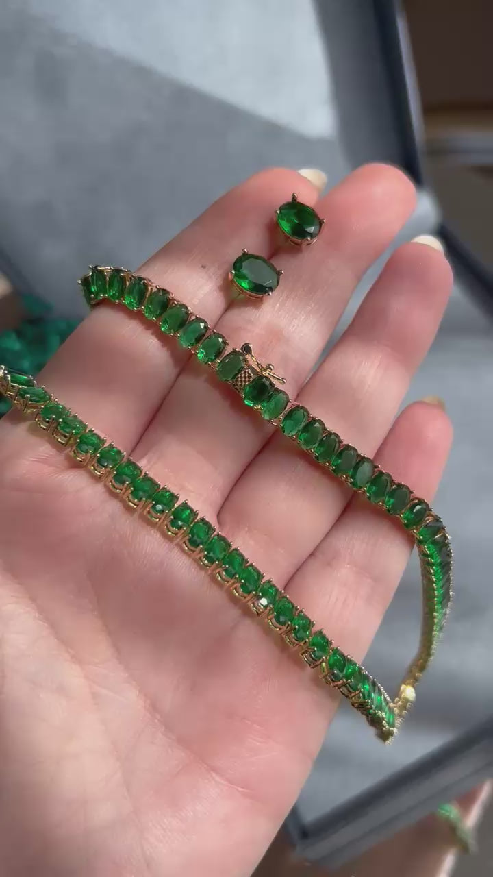 Conjunto Brinco e Colar Riviera Oval Verde Esmeralda Dourado