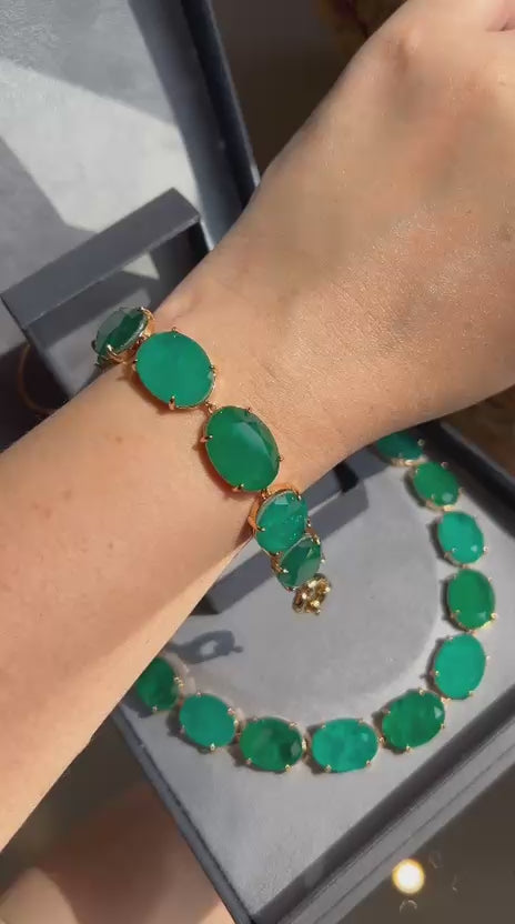 Conjunto Brinco, Colar e Pulseira Pedras Ovais Verde