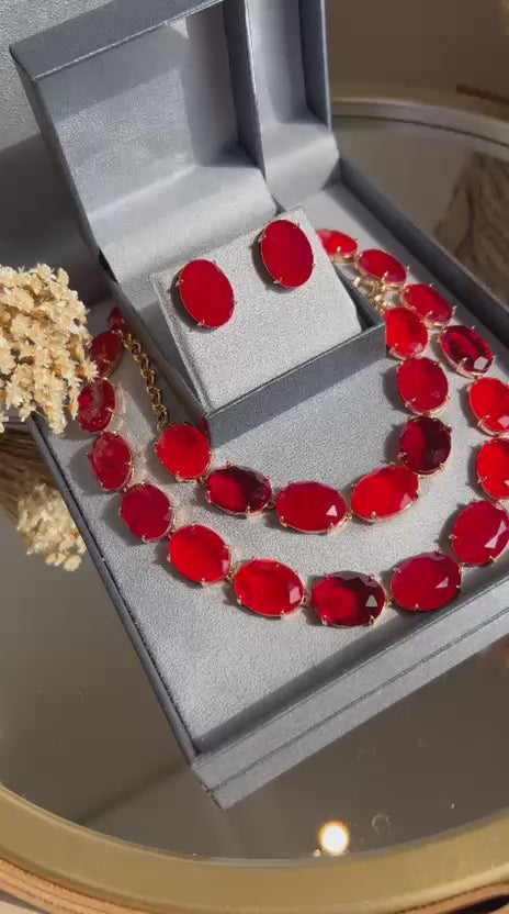 Conjunto Brinco, Colar e Pulseira Pedras Ovais Rubi