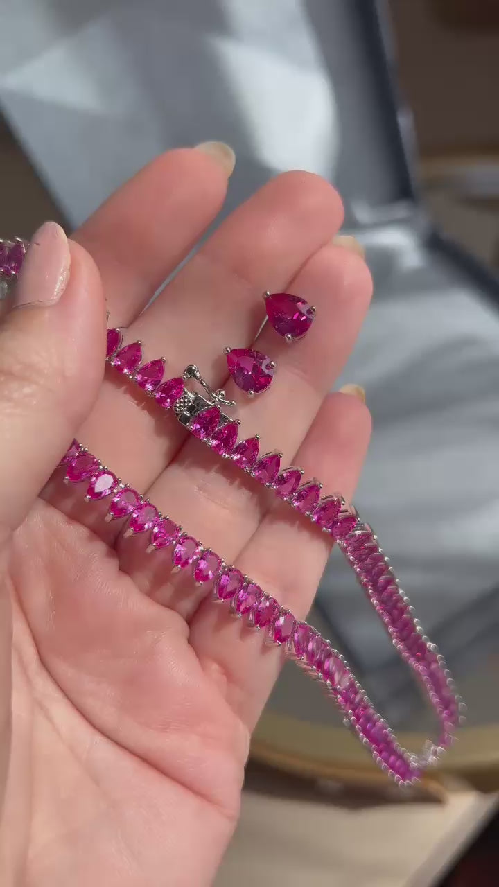 Conjunto Brinco e Colar Riviera Gota Safira Rosa/Pink