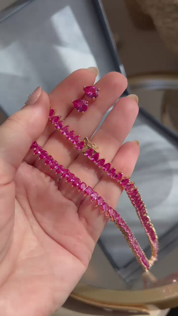 Conjunto Brinco e Colar Riviera Gota Safira Rosa/Pink Dourado