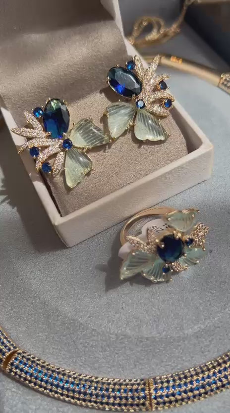 Conjunto Brinco e Anel Carla P Azul Safira Dourado