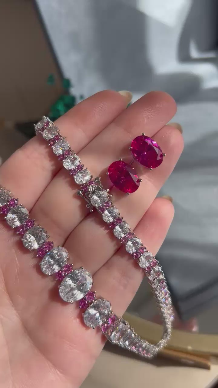Conjunto Brinco e Colar Nathalia Safira Rosa/Pink