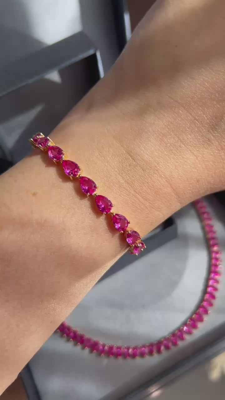 Conjunto Brinco e Colar Riviera Gota Safira Rosa/Pink Dourado