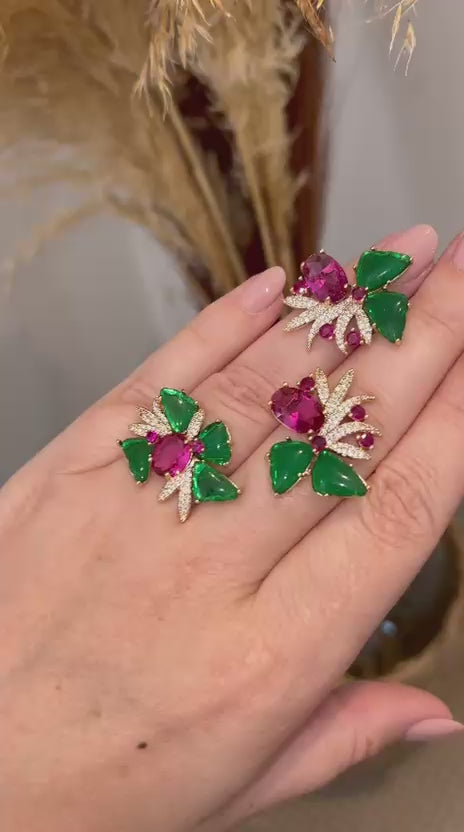 Conjunto Brinco e Anel Carla P Verde e Pink Dourado