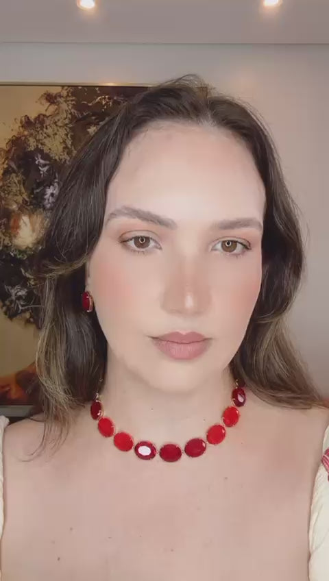 Conjunto Brinco, Colar e Pulseira Pedras Ovais Rubi