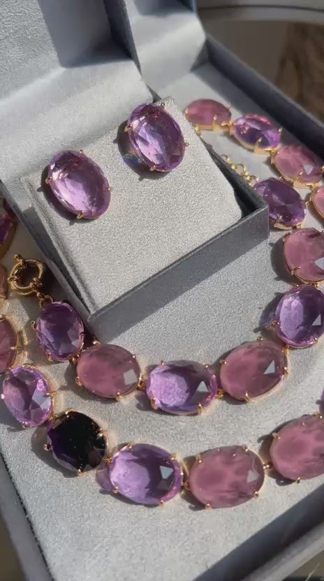 Conjunto Brinco, Colar e Pulseira Pedras Ovais Ametista