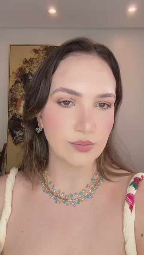 Conjunto Brinco e Colar Ramos Ametista, Agua Marinha e Verde Berilo