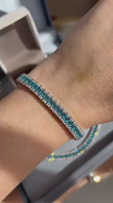 Pulseira Riviera Três Fileiras Baguetada Água Marinha/Azul