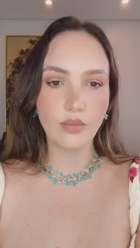 Conjunto Brinco e Colar Ramos Turmalina Azul Dourado