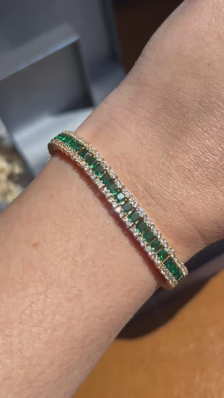 Pulseira Três Fileiras Baguetada Verde Esmeralda