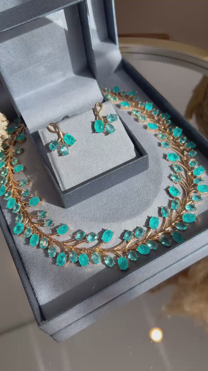 Conjunto Brinco e Colar Ramos Turmalina Azul Dourado