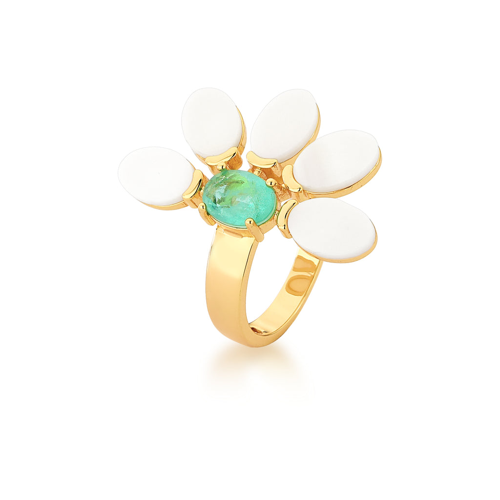 ANEL MEIA FLOR MADREPÉROLA E TURMALINA BANHADO A OURO