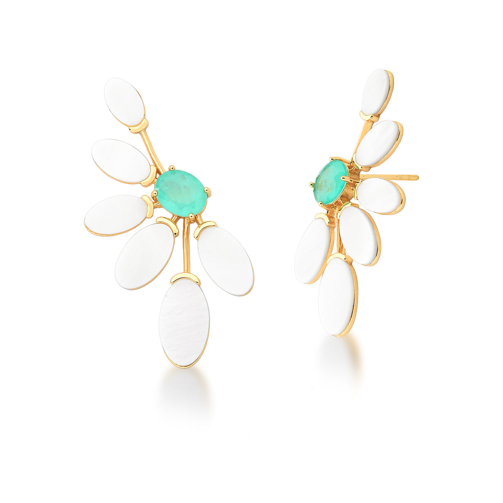 BRINCO EARCUFF MEIA FLOR MADREPÉROLA E TURMALINA BANHADO A OURO