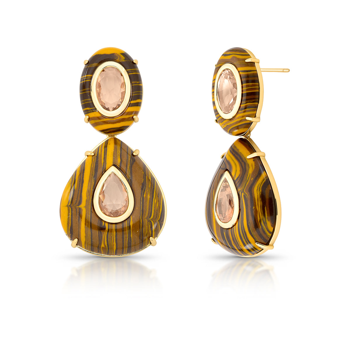Brinco Duas Pedras Olho de Tigre E Cristal Champagne