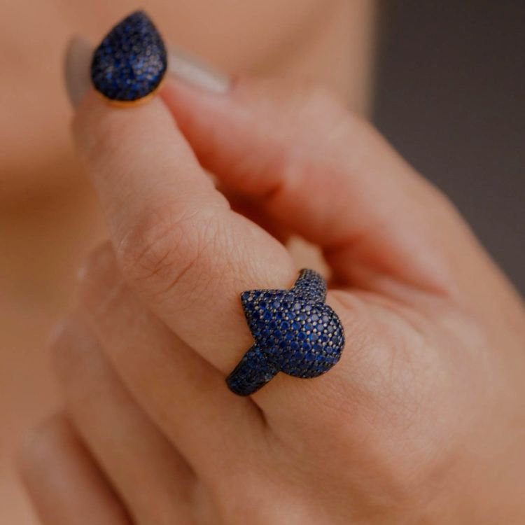 Anel Gota Azul Safira Dourado