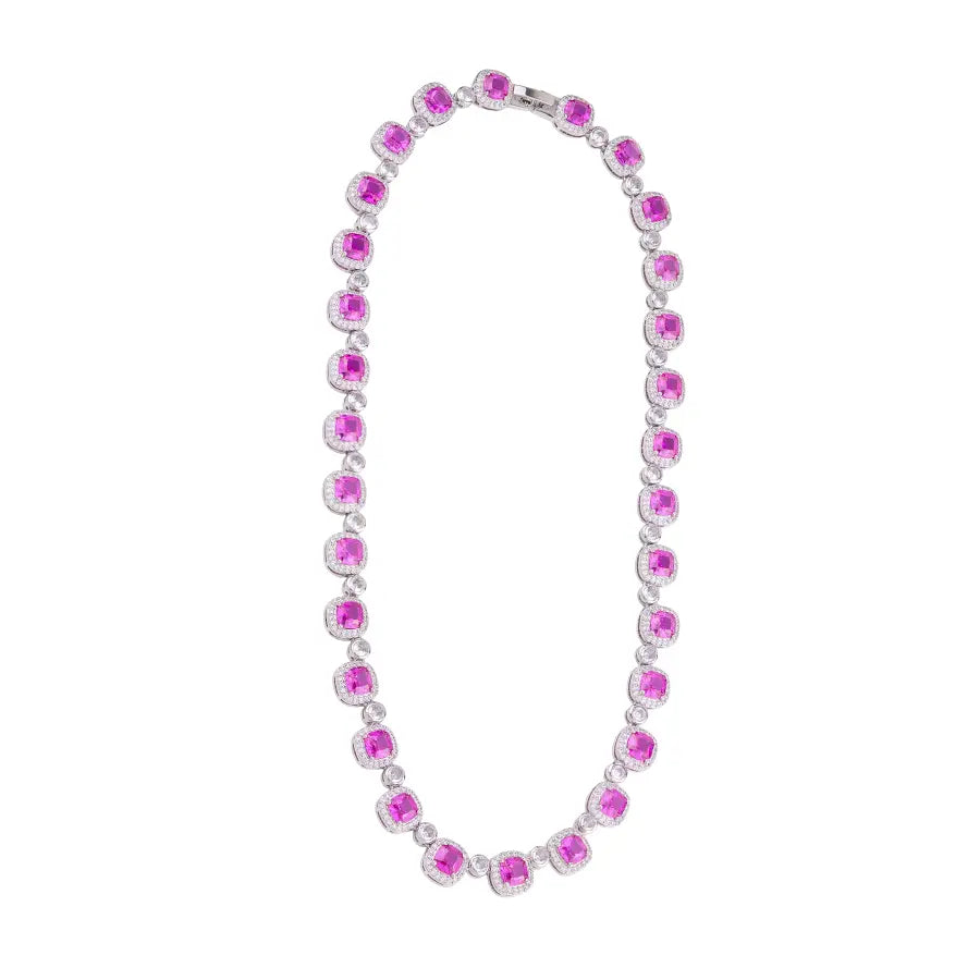 Colar Riviera Pedras Quadradas Safira Rosa/Pink
