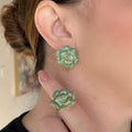 Conjunto Brinco E Anel Rose Verde Esmeralda