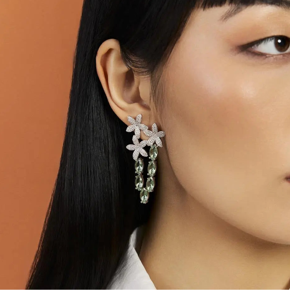 Brinco Cascata Flores e Cristal Verde