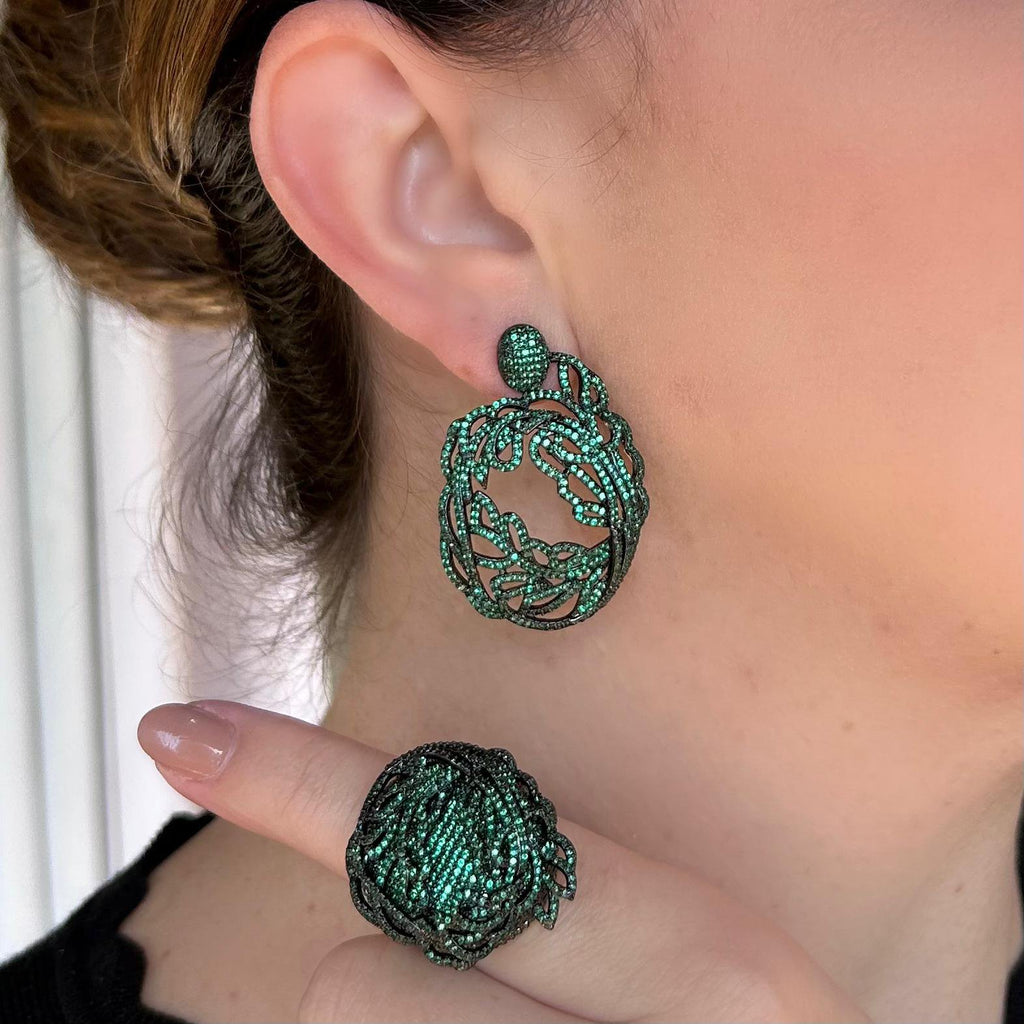 Conjunto Brinco e Anel Linhas Verde Esmeralda