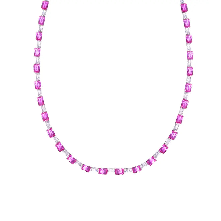 Colar Riviera Pedras Retangular Safira Rosa/Pink