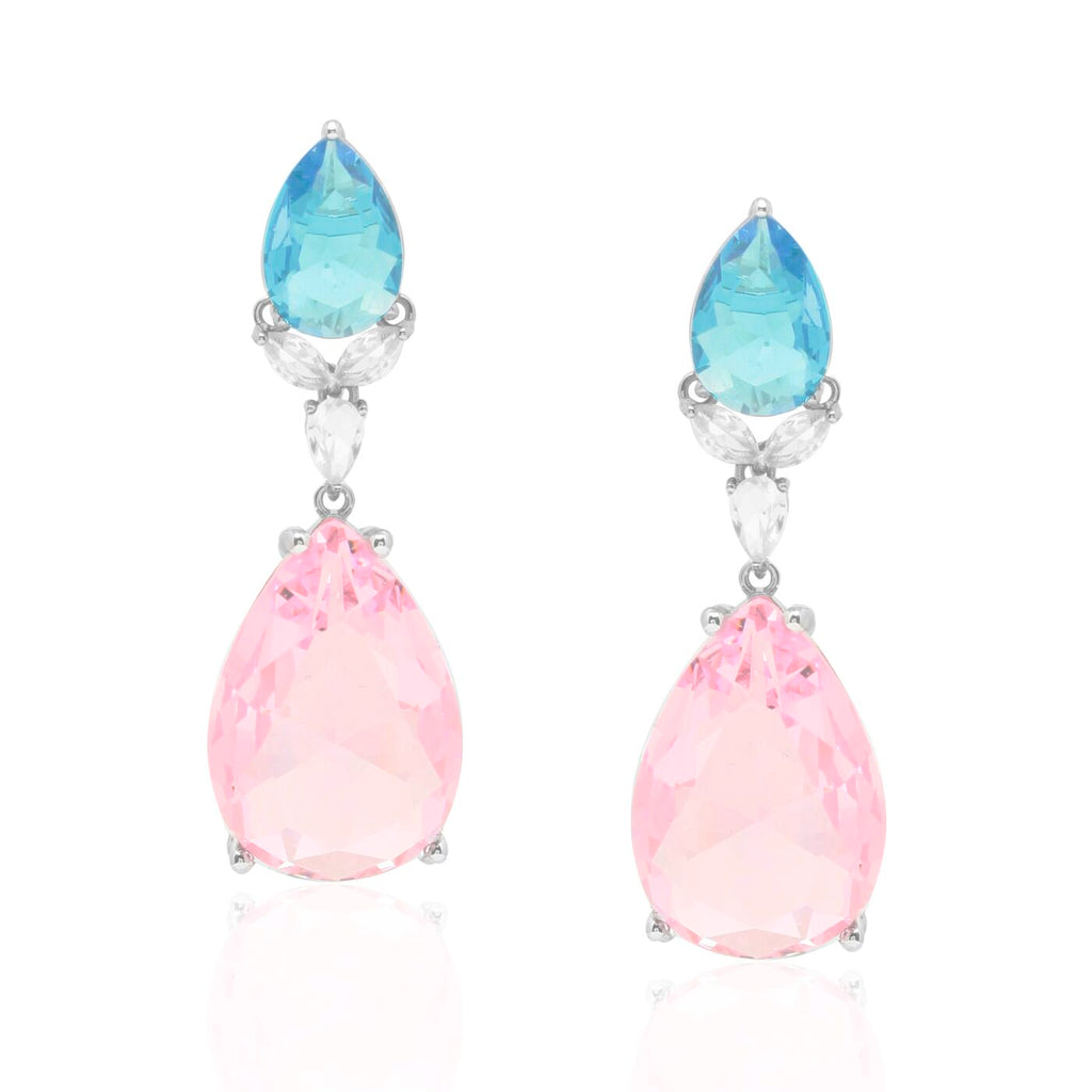 Brinco Duas Gotas Detalhada Água Marinha/Azul e Rosa