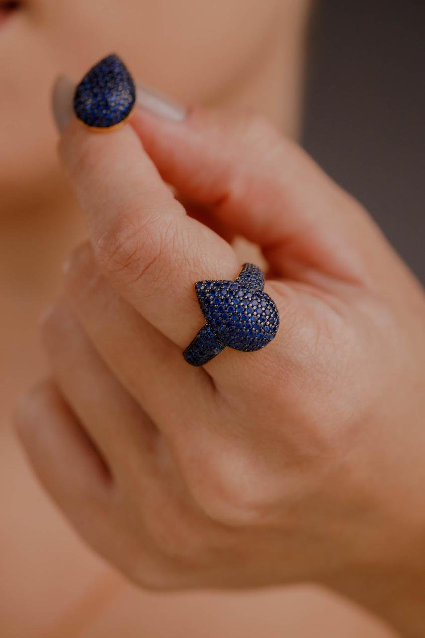 Anel Gota Azul Safira Dourado
