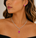 Colar Gravata Pedra Retangular Safira Rosa/Pink