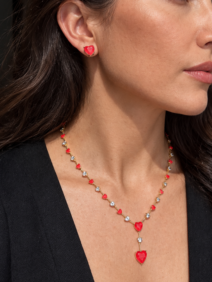 Conjunto Brinco e Colar Corações Coral