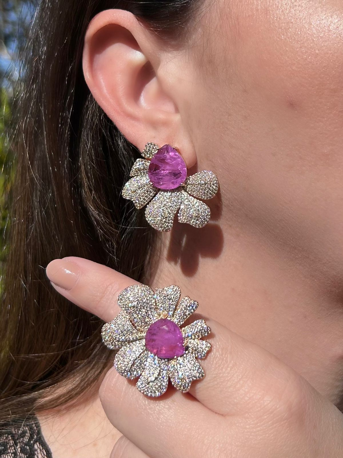 Conjunto Brinco e Anel Flor Fucsia