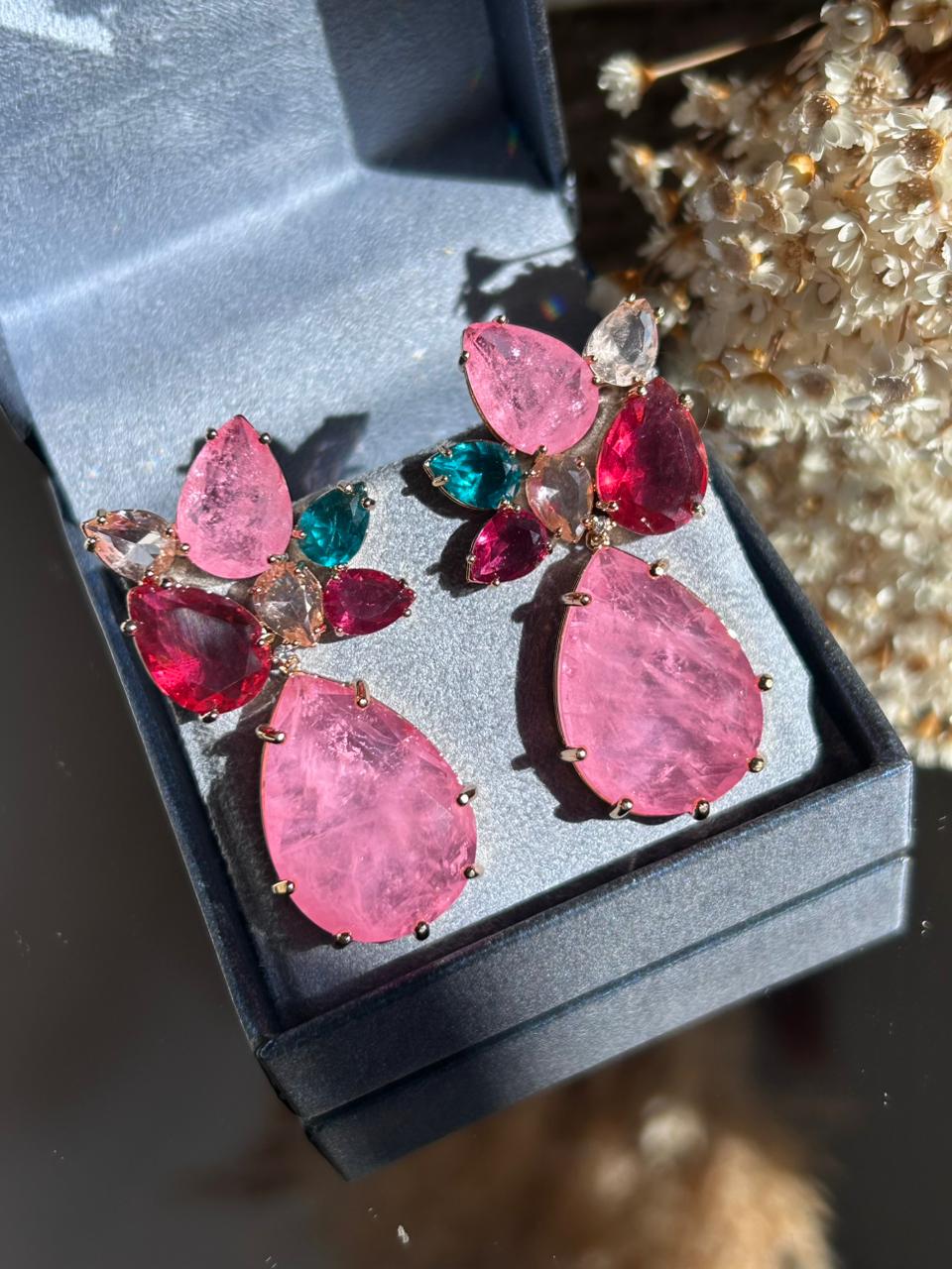 Brinco Cachos Rosa e Rubi