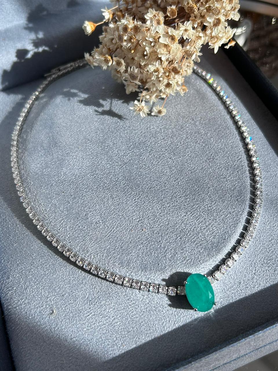 Colar Riviera Pingente Oval Verde Esmeralda