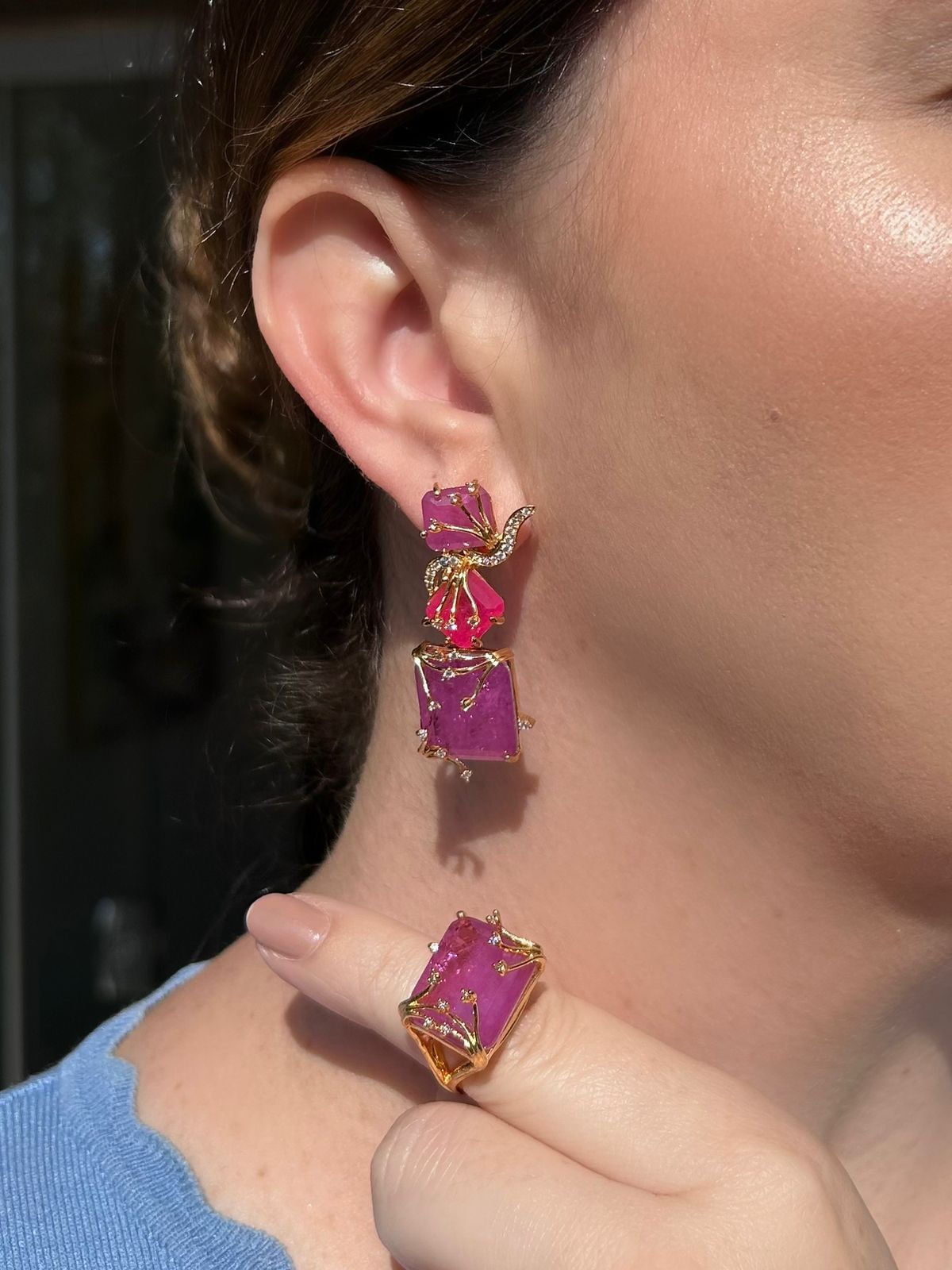 Conjunto Anel e Brinco Fucsia e Pink
