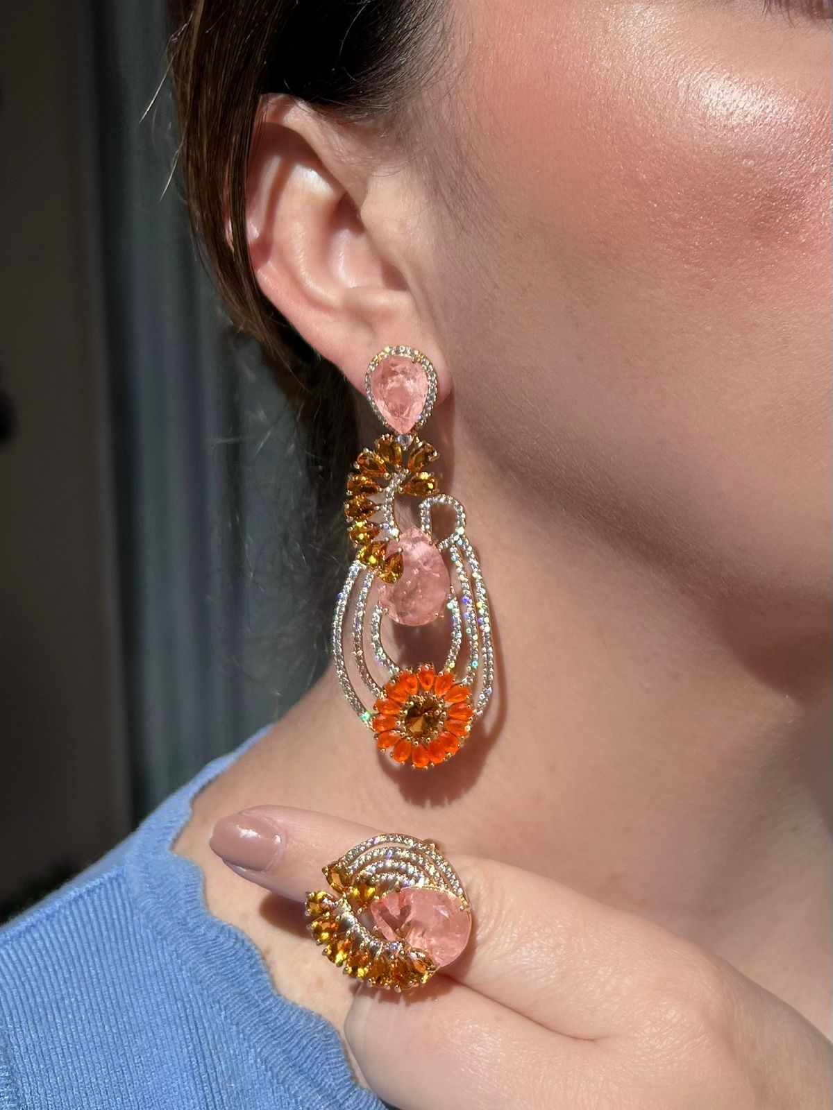 Conjunto Anel e Brinco Caterine Tangerina e Morganita